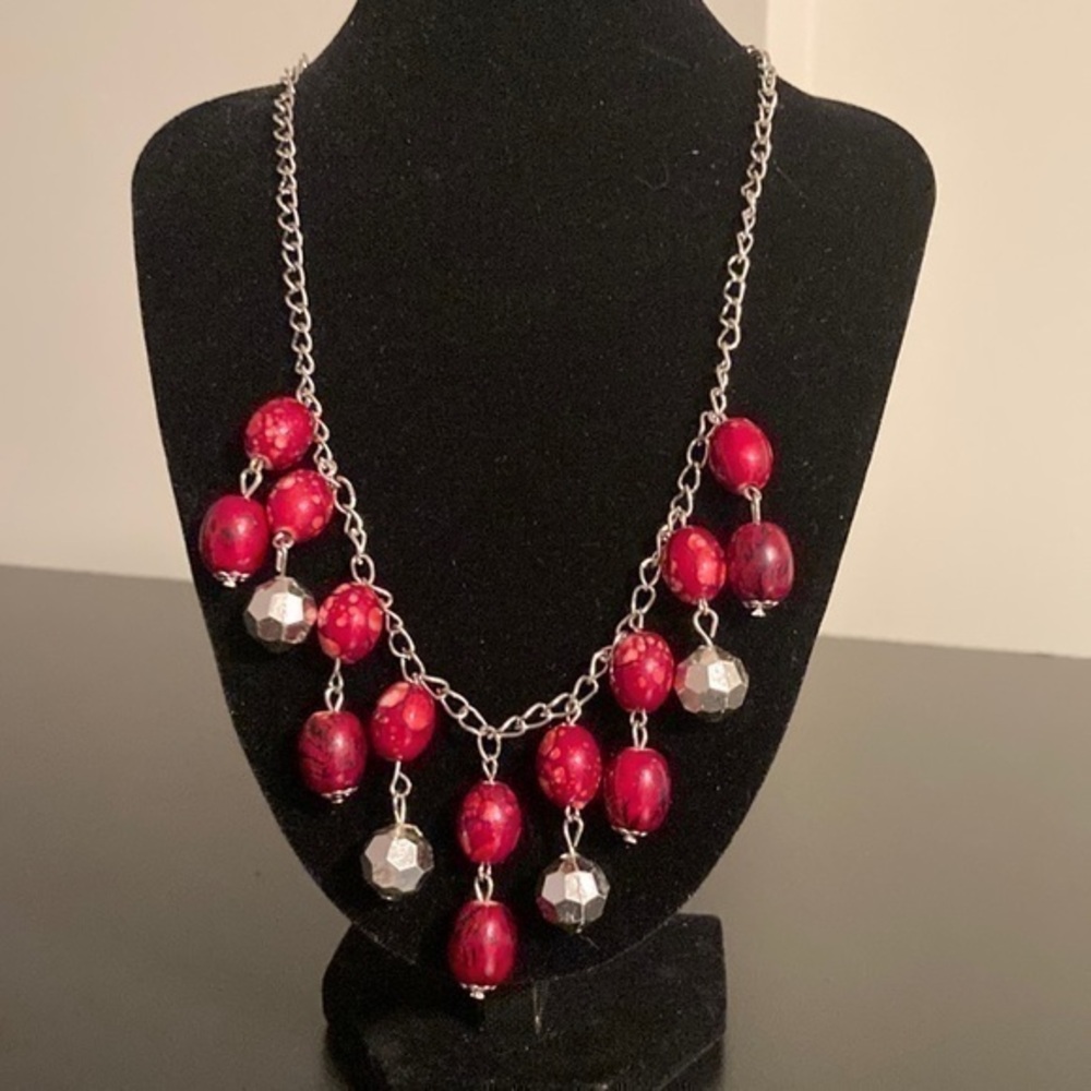 Silver and red beaded necklace